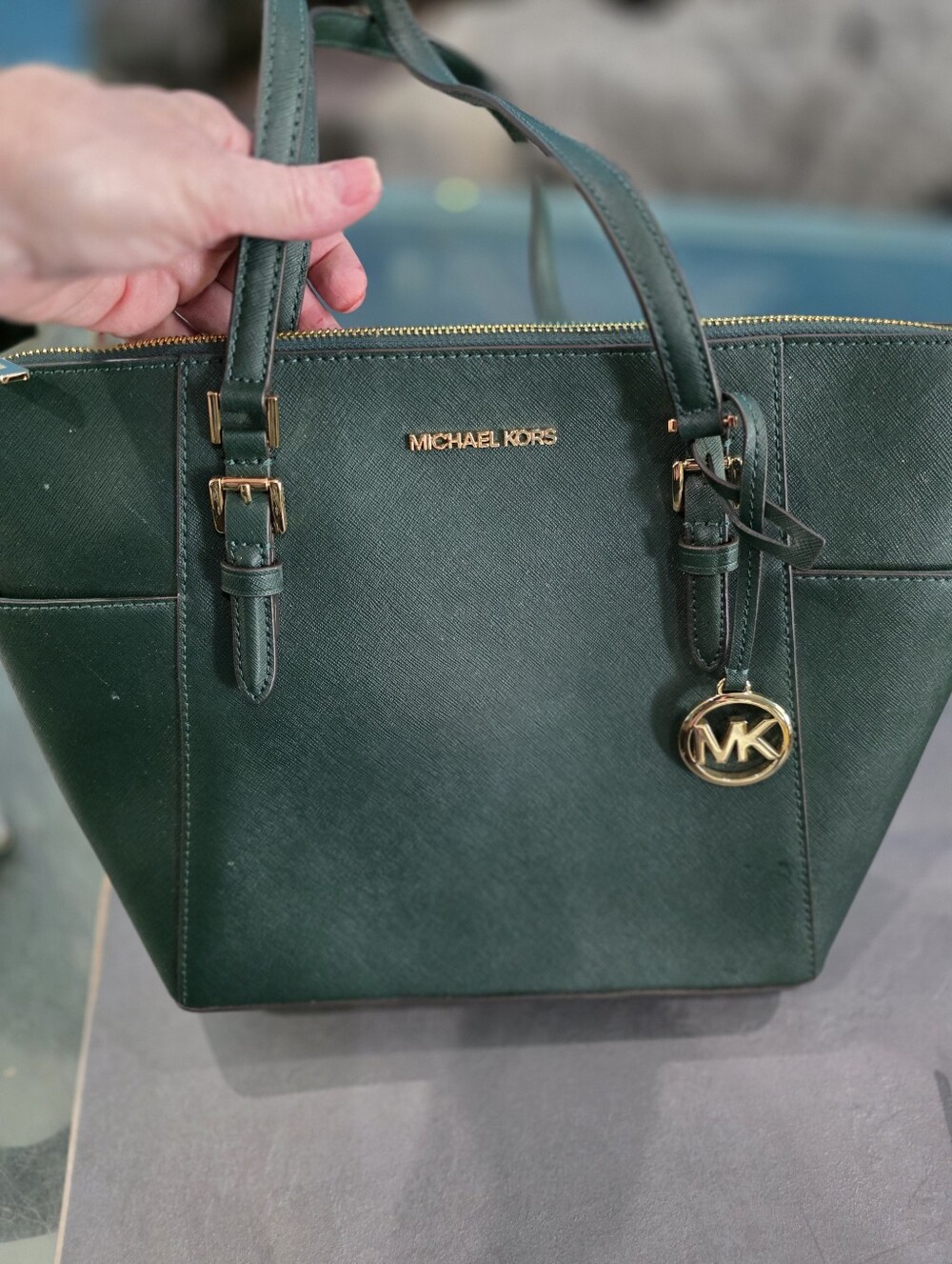 New Michael Kors Structured Green Tote Bag with Gold Hardware